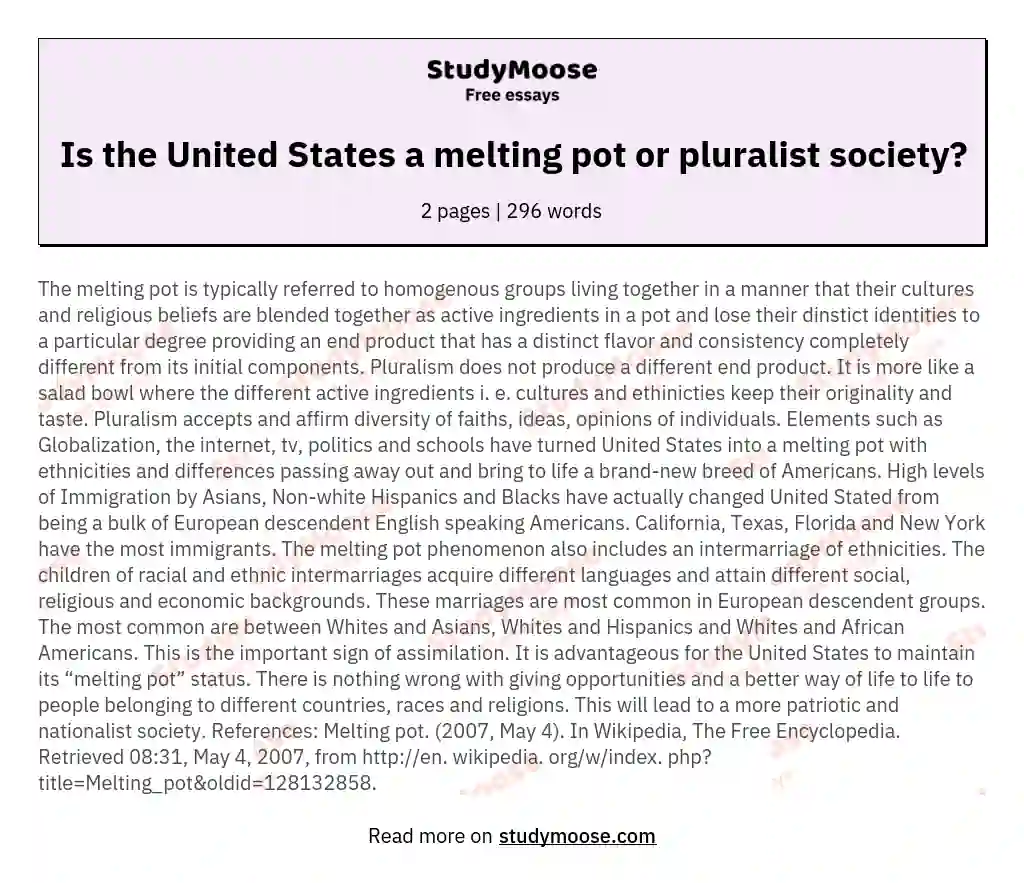 Is the United States a melting pot or pluralist society? essay