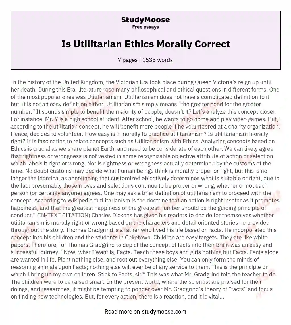 Is Utilitarian Ethics Morally Correct essay