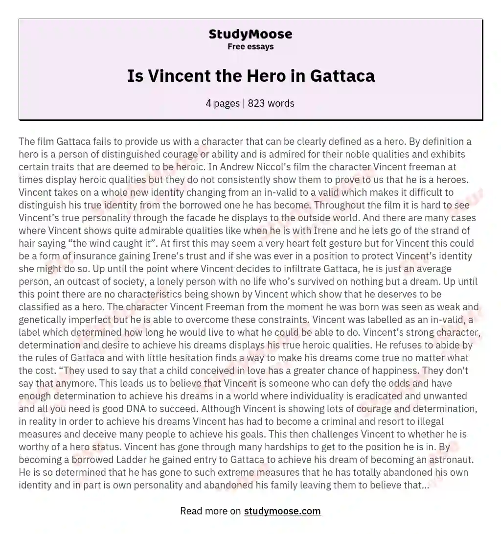 Vincent's Quest: Redefining Heroism in 'Gattaca' Film essay