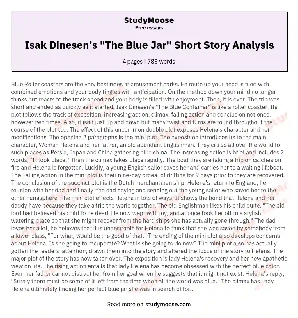 Isak Dinesen’s "The Blue Jar" Short Story Analysis essay