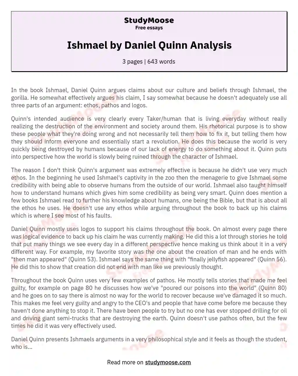 Ishmael by Daniel Quinn Analysis essay