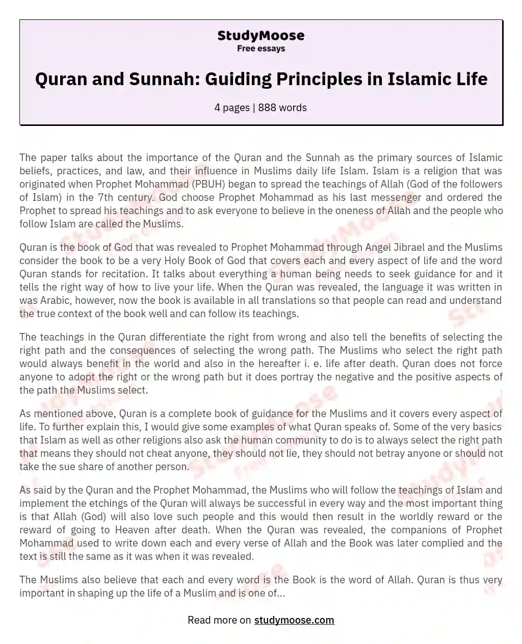 Quran and Sunnah: Guiding Principles in Islamic Life essay