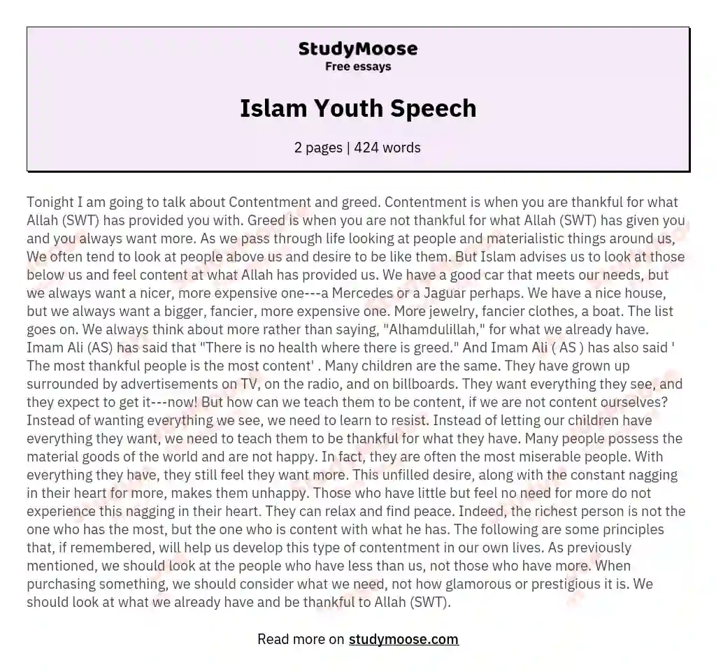 Islam Youth Speech essay