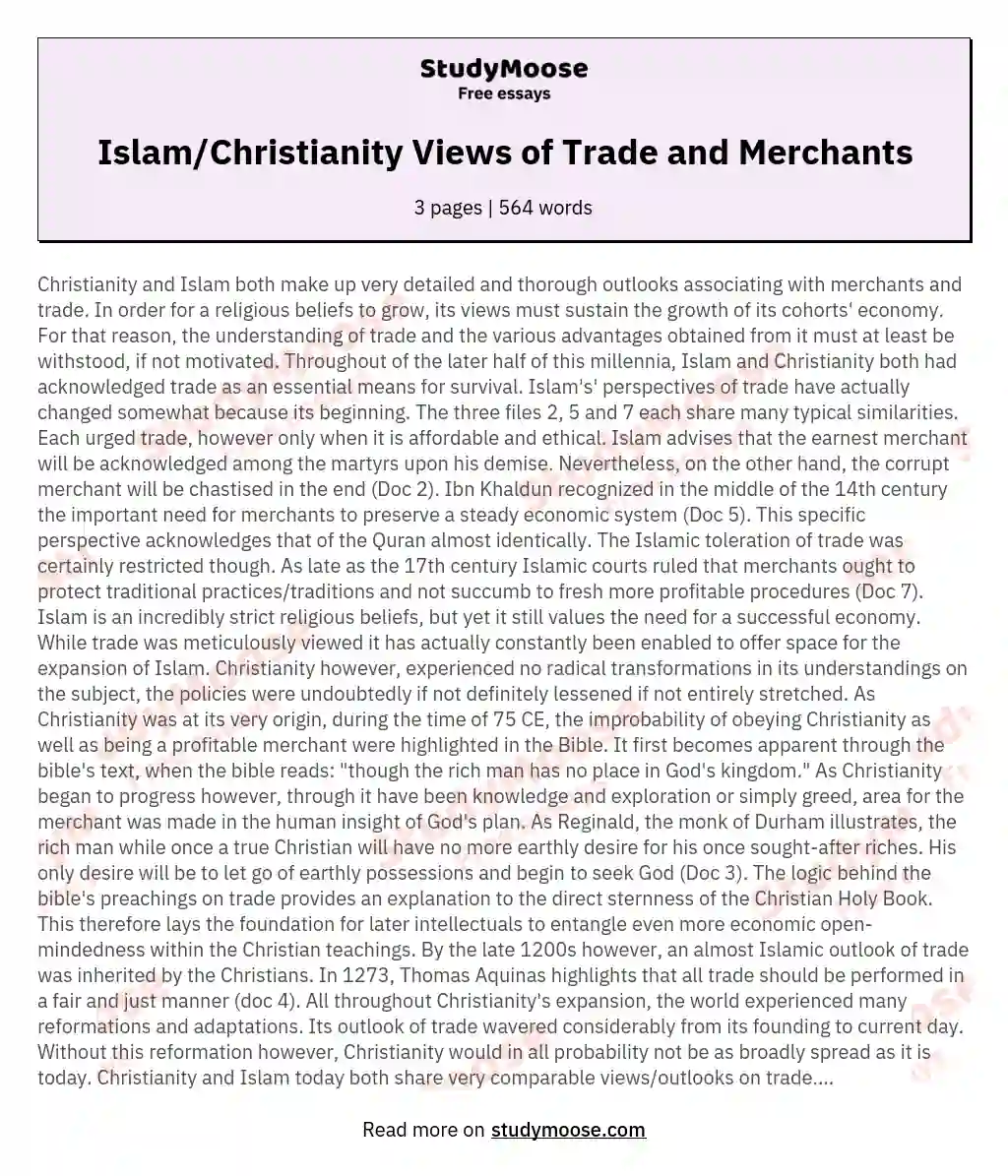 Islam/Christianity Views of Trade and Merchants