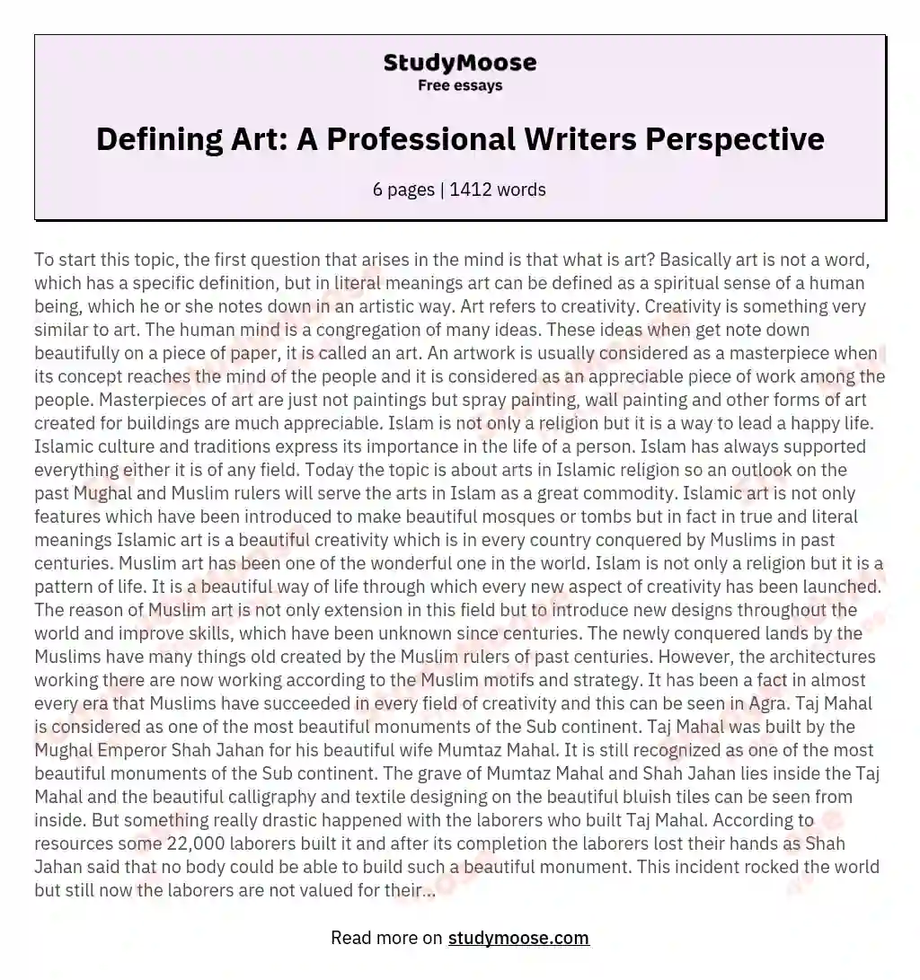Defining Art: A Professional Writers Perspective essay