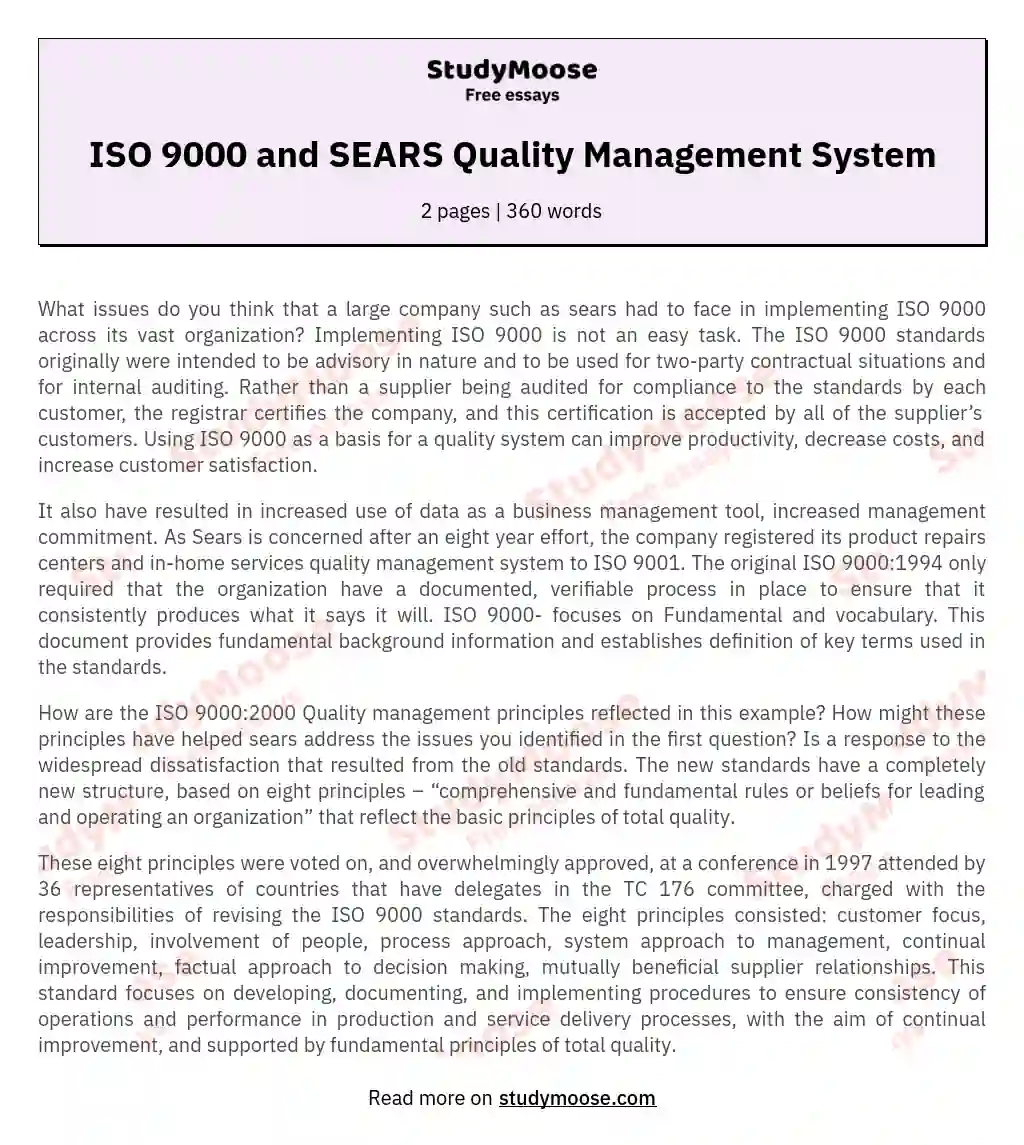 ISO 9000 and SEARS Quality Management System essay