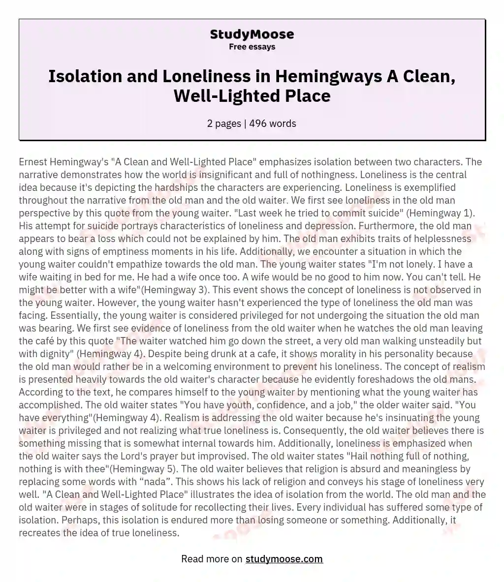 Isolation and Loneliness in Hemingways A Clean, Well-Lighted Place essay