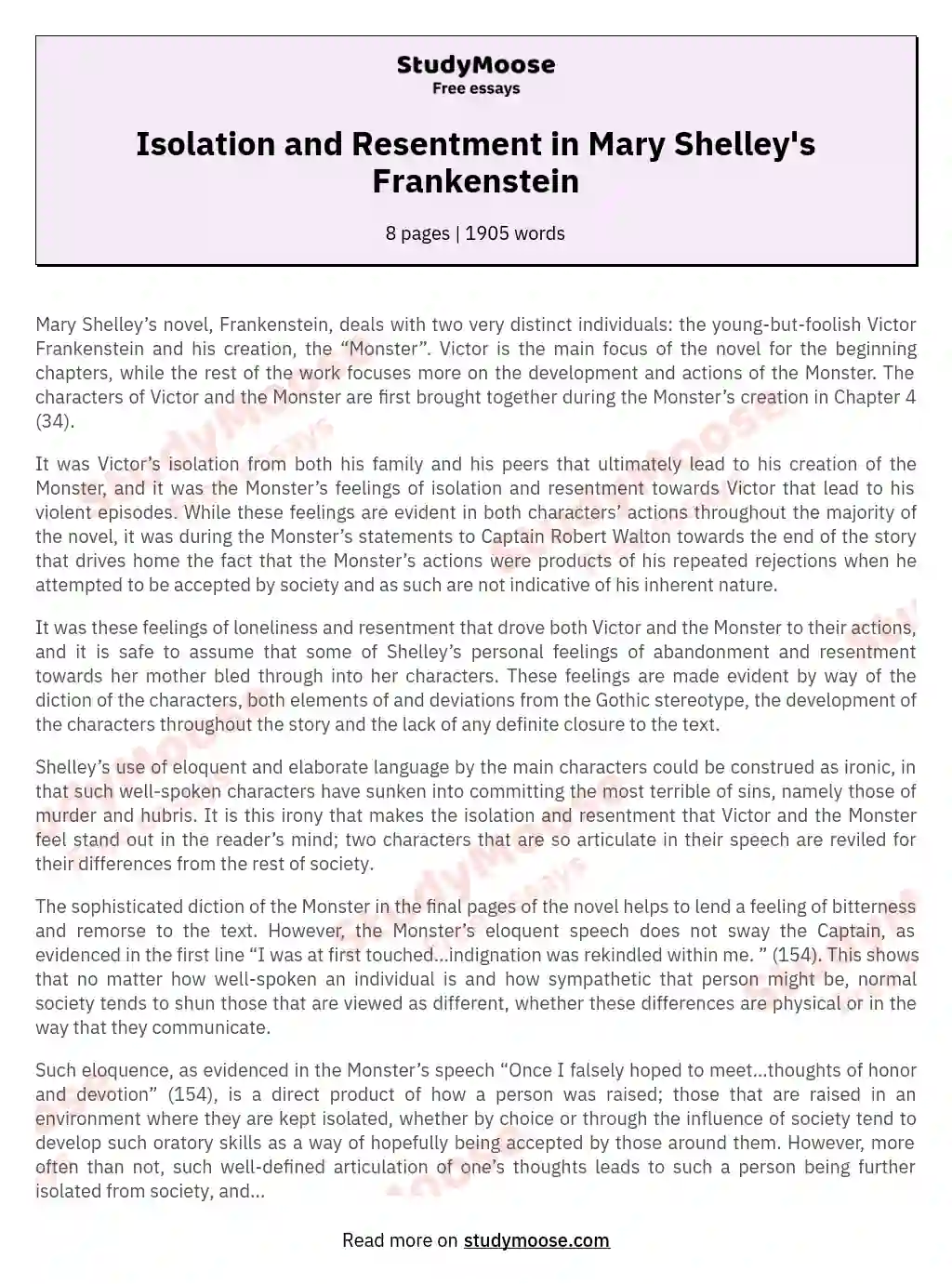 Isolation and Resentment in Mary Shelley's Frankenstein essay