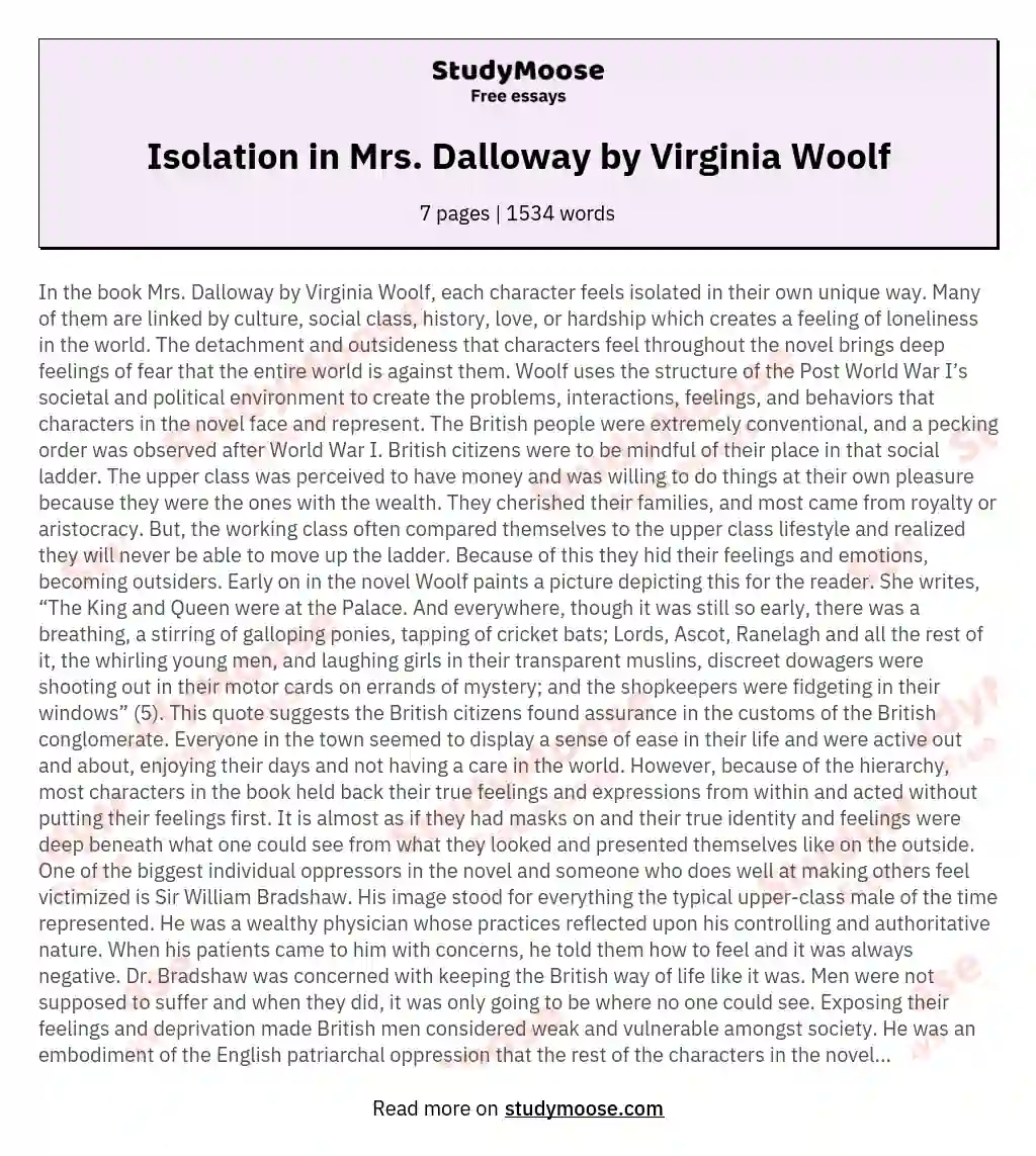 Isolation in Mrs. Dalloway by Virginia Woolf essay