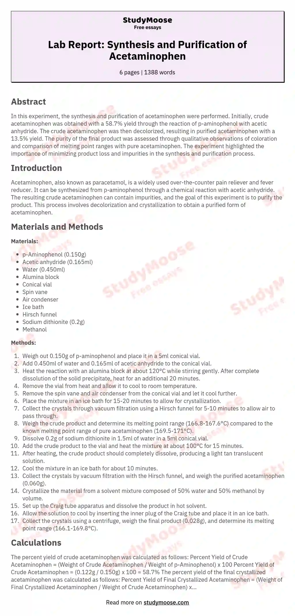 Lab Report: Synthesis and Purification of Acetaminophen essay