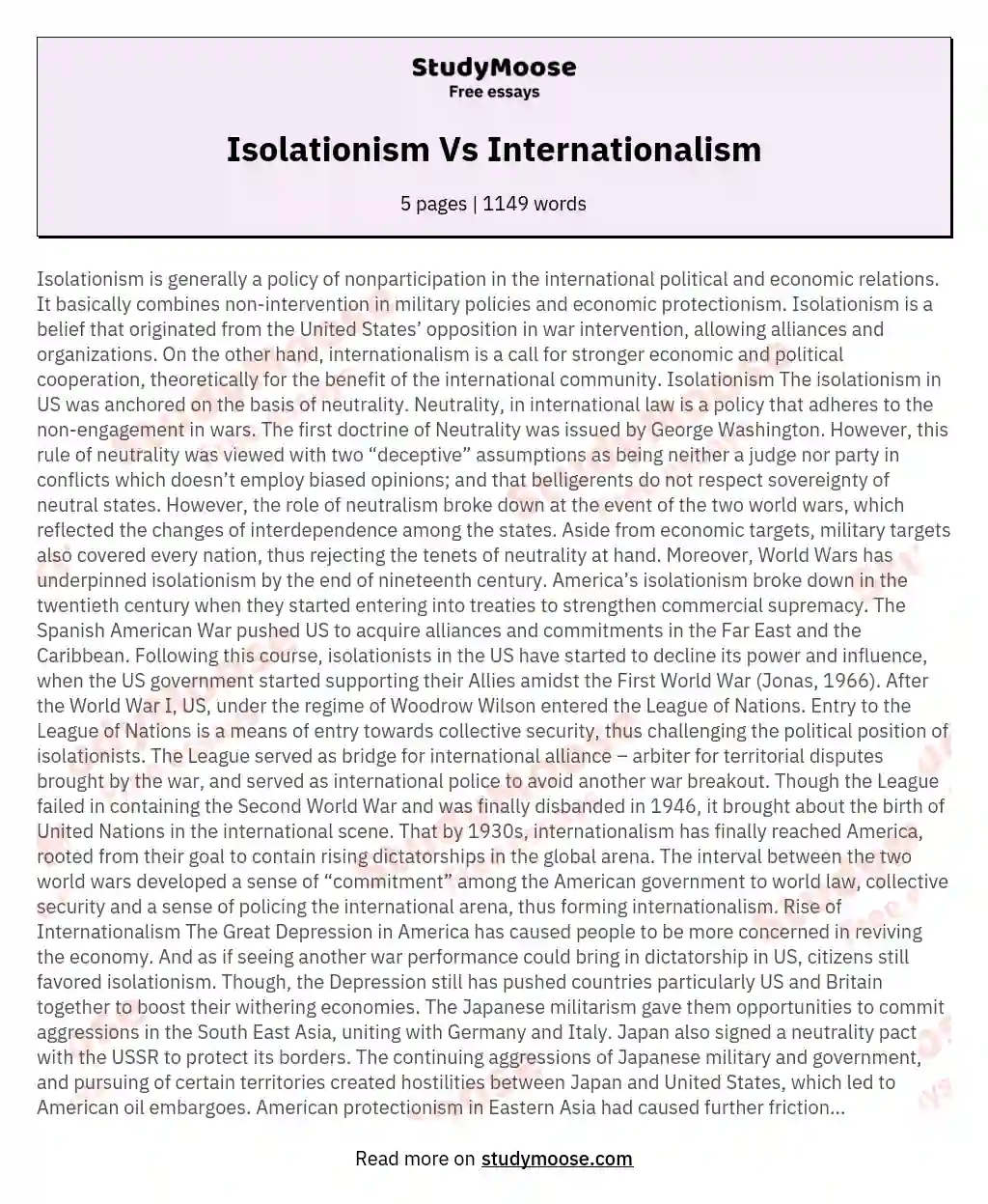 write an essay discussing internationalism and isolationism