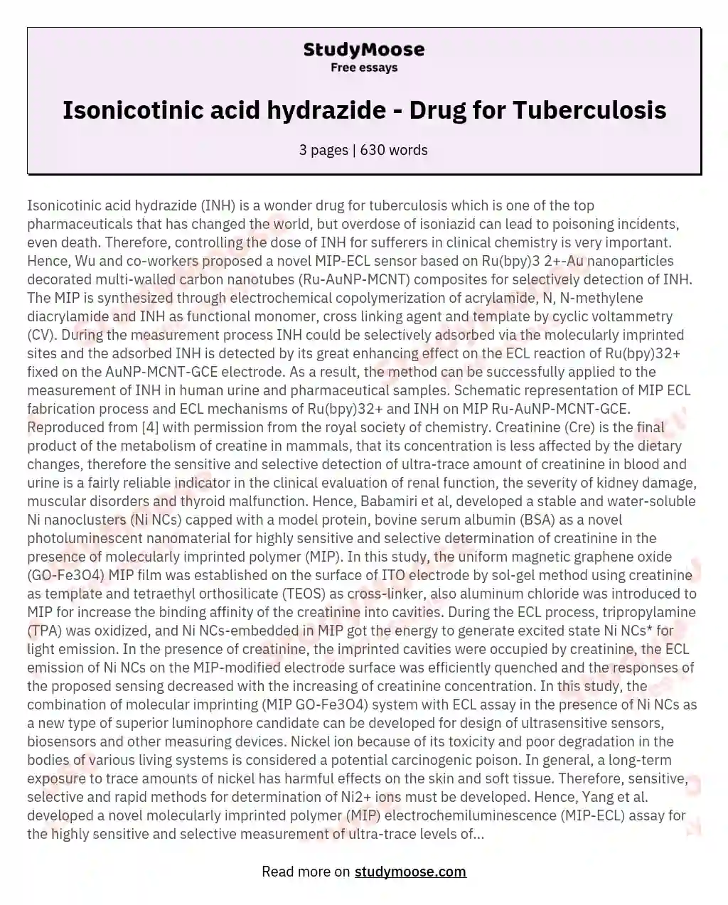 Isonicotinic acid hydrazide - Drug for Tuberculosis essay