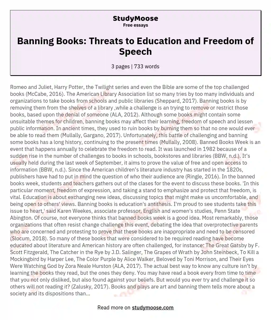 Banning Books: Threats to Education and Freedom of Speech essay