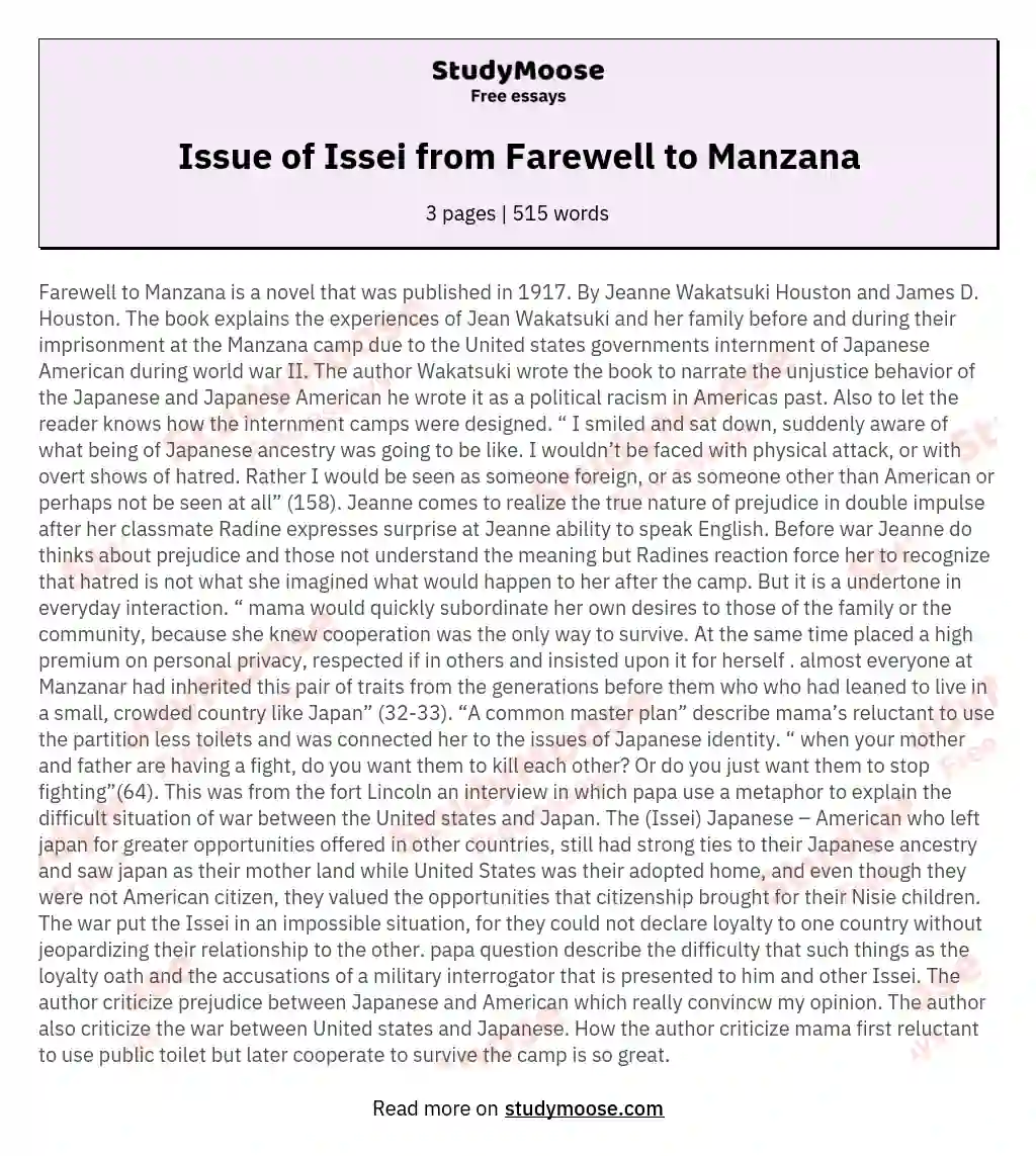 Issue of Issei from Farewell to Manzana essay