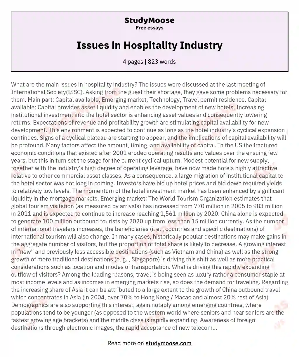 Issues in Hospitality Industry essay