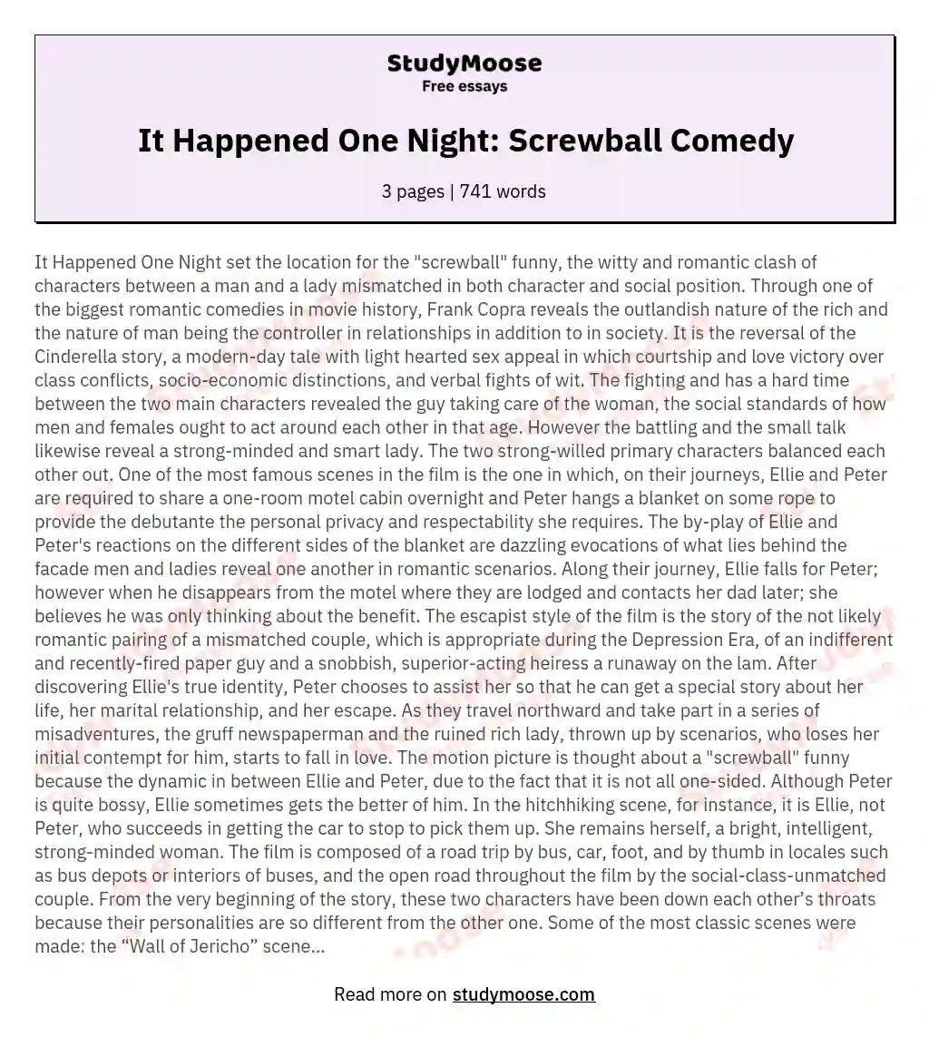 It Happened One Night: Screwball Comedy essay