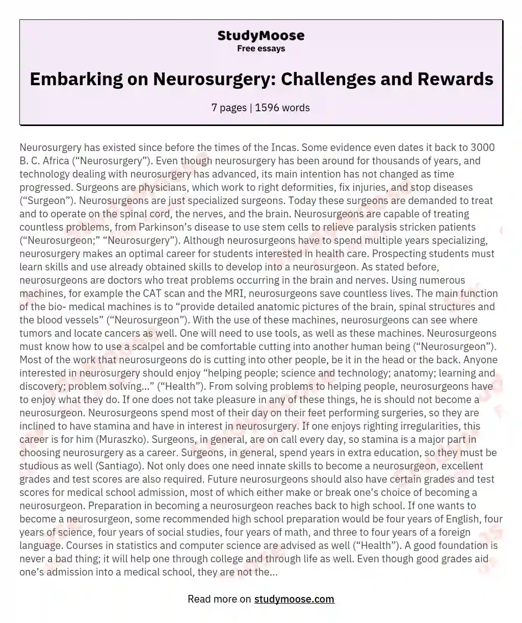 Embarking on Neurosurgery: Challenges and Rewards essay