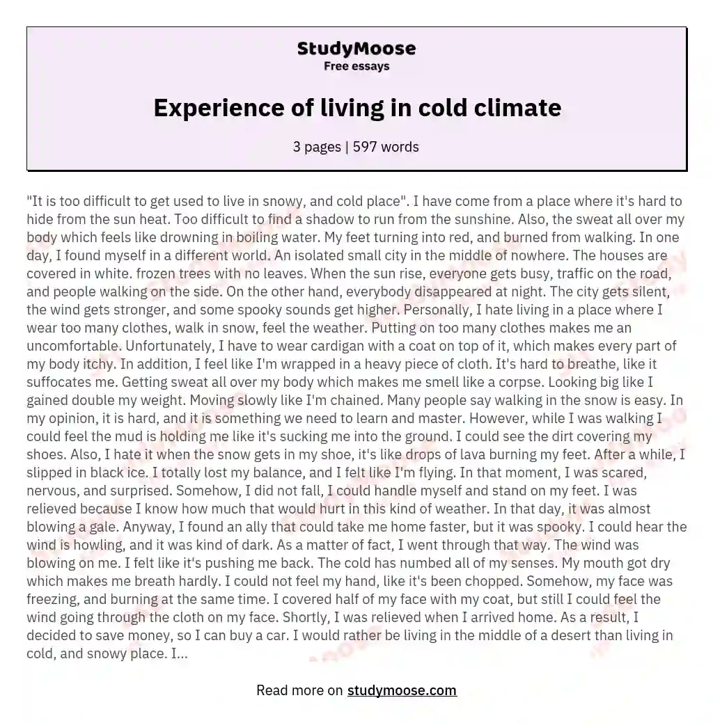 Experience of living in cold climate essay