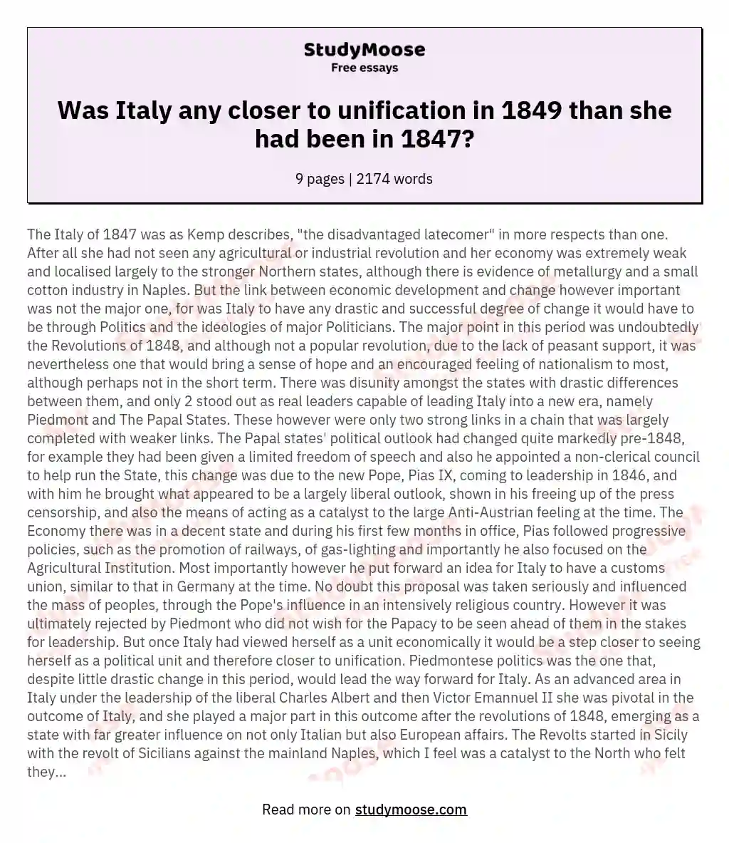 Was Italy any closer to unification in 1849 than she had been in 1847? essay