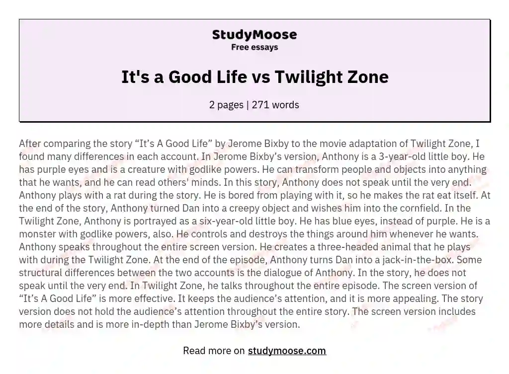 It's a Good Life vs Twilight Zone