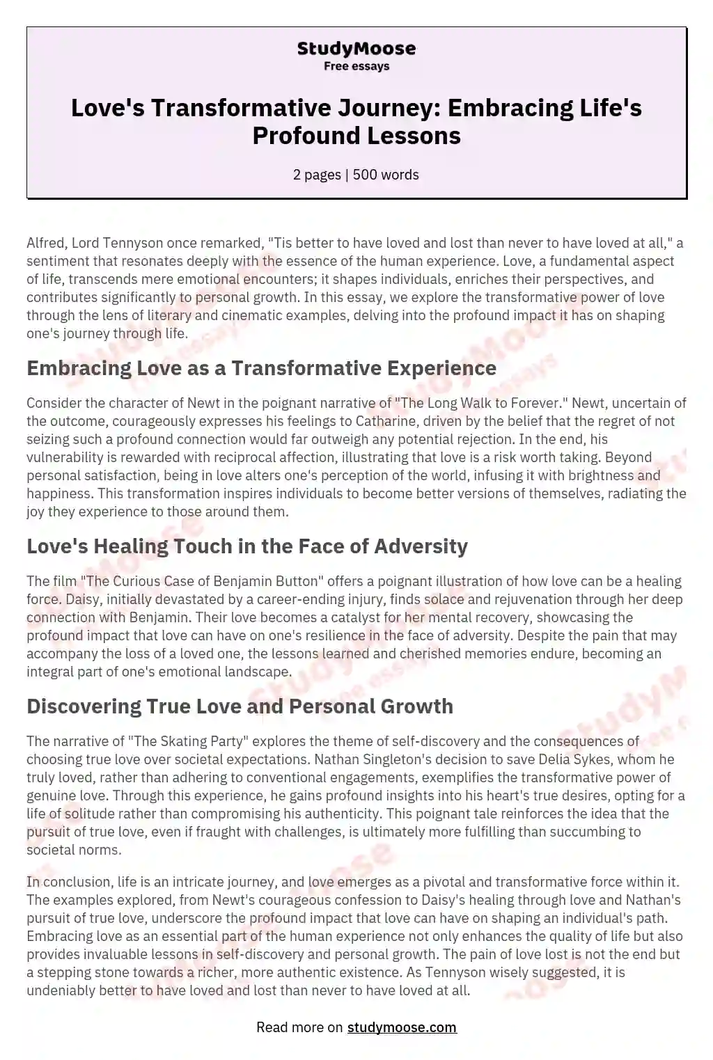 Love's Transformative Journey: Embracing Life's Profound Lessons essay