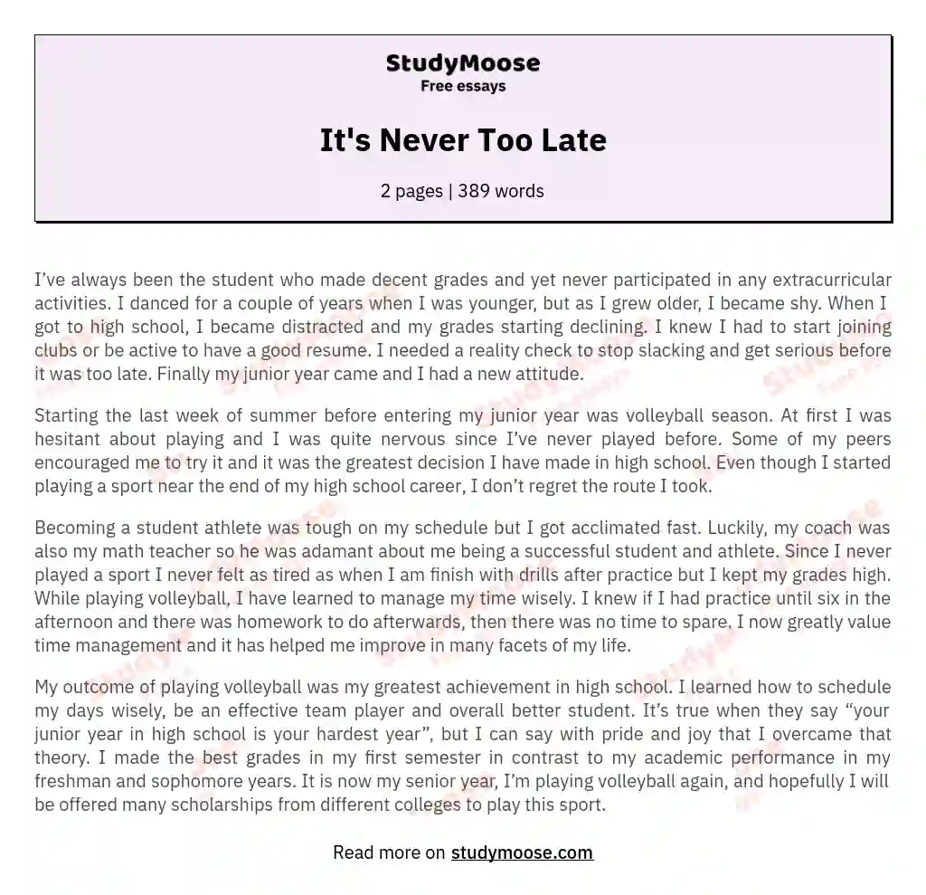 It's Never Too Late essay