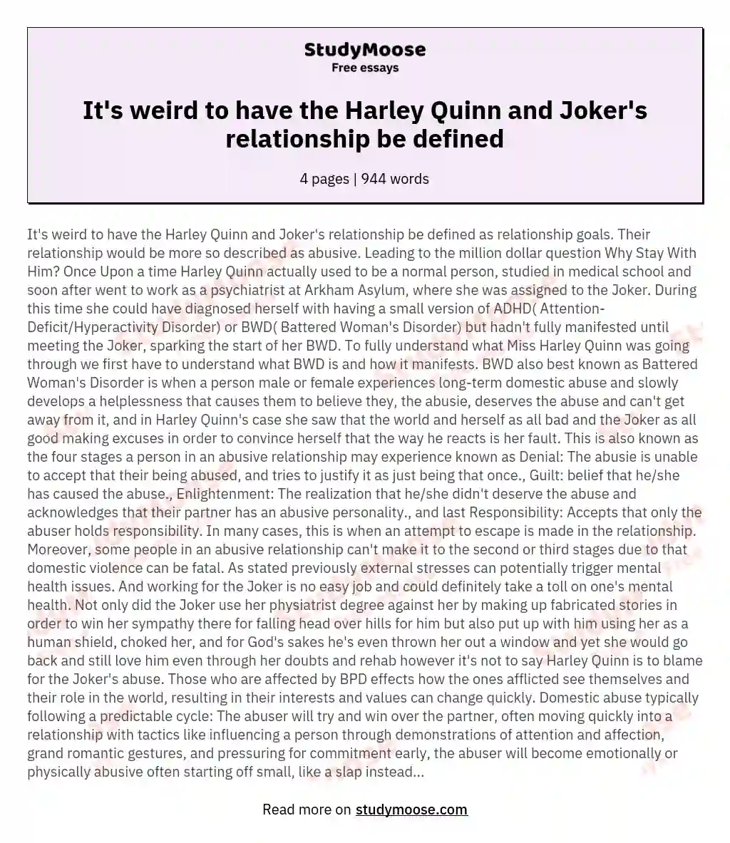 It's weird to have the Harley Quinn and Joker's relationship be defined essay