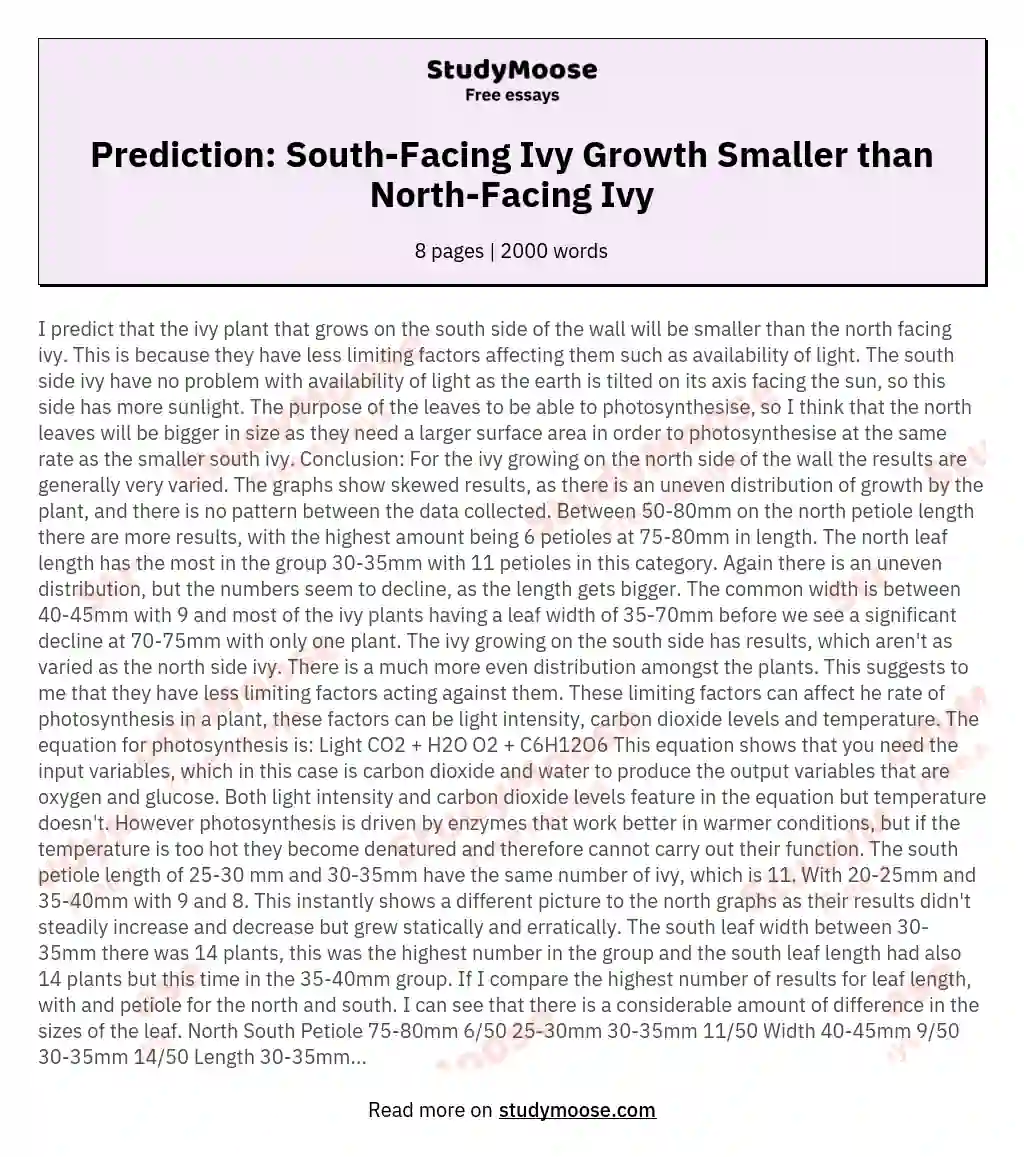 Prediction: South-Facing Ivy Growth Smaller than North-Facing Ivy