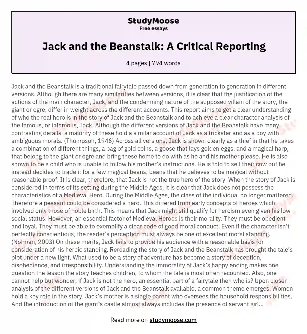 Jack and the Beanstalk: A Critical Reporting