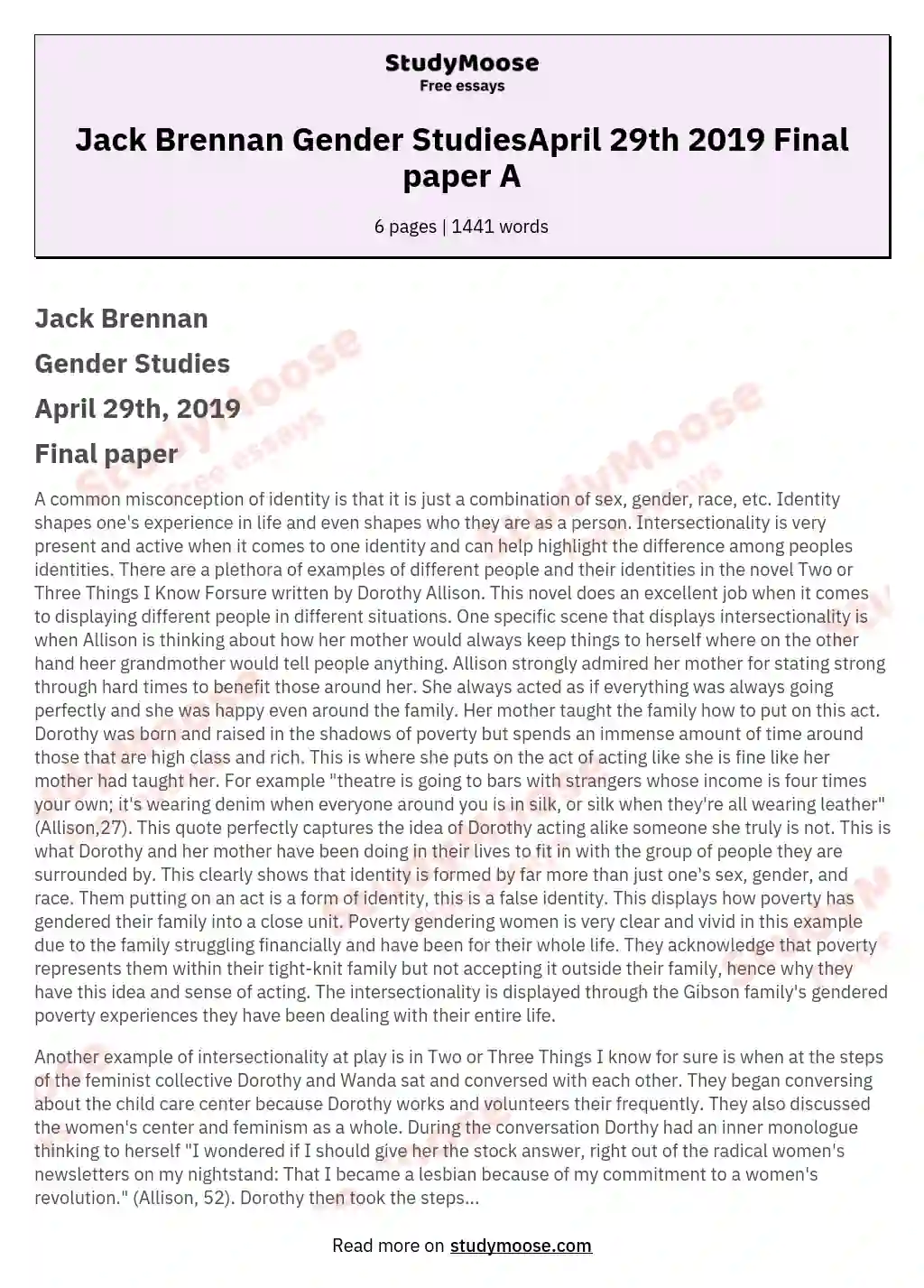 Jack Brennan Gender StudiesApril 29th 2019 Final paper A