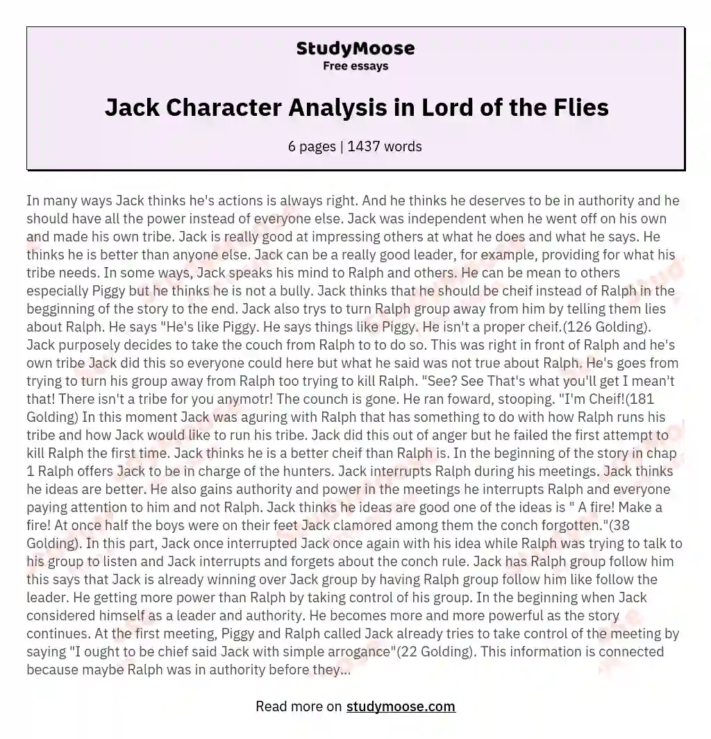 Jack Character Analysis in Lord of the Flies
