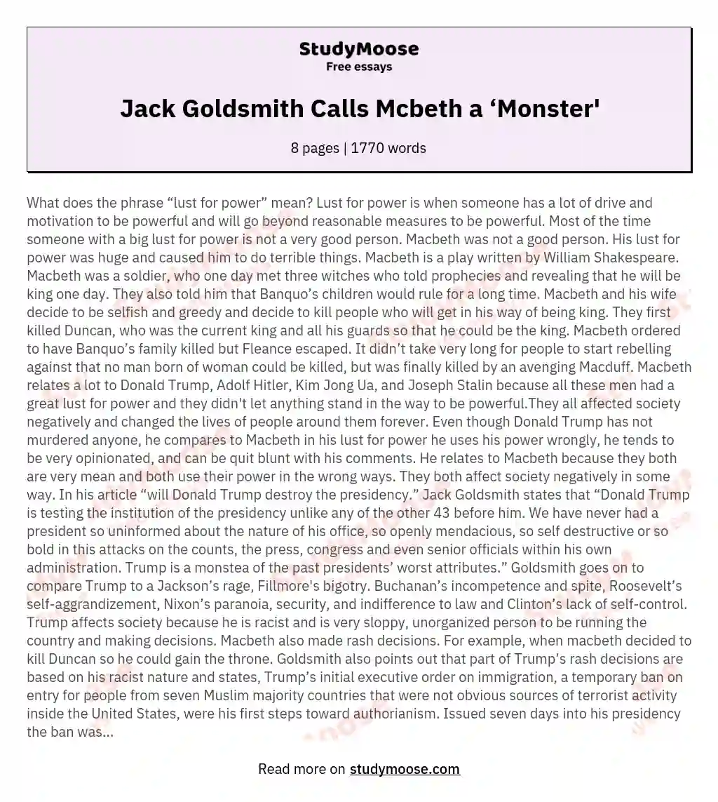 Jack Goldsmith Calls Mcbeth a ‘Monster' essay