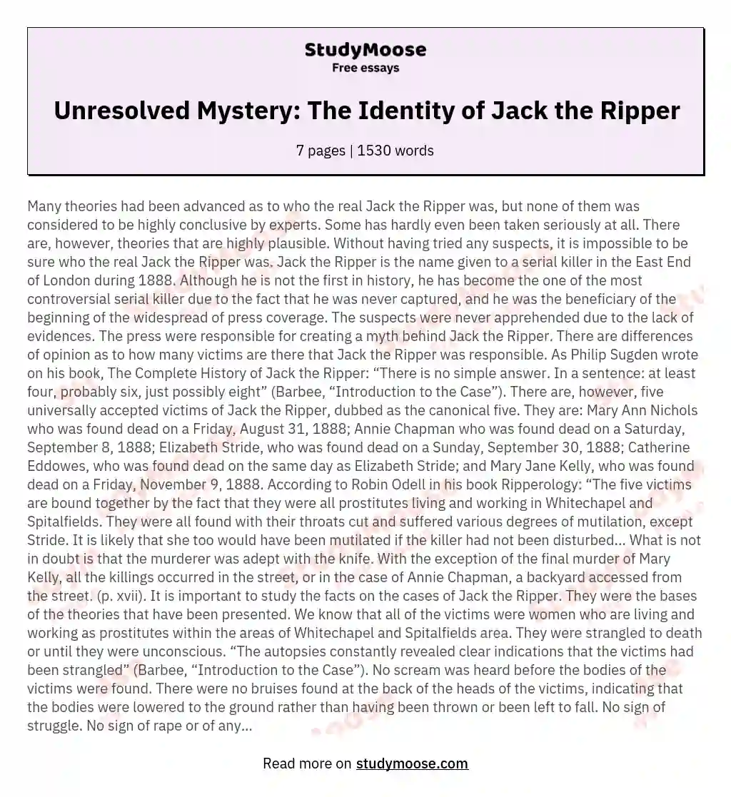 Unresolved Mystery: The Identity of Jack the Ripper essay
