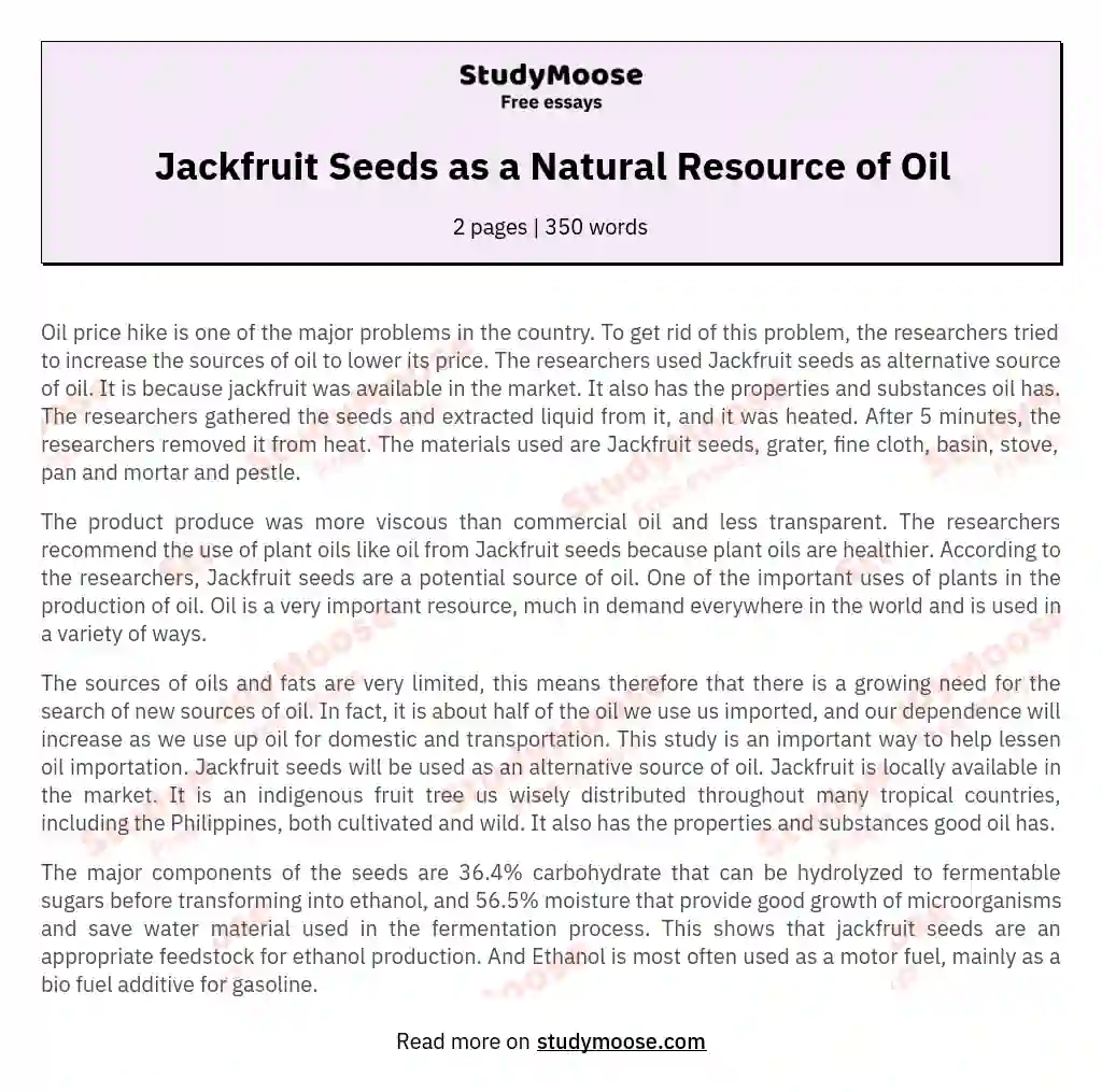 Jackfruit Seeds as a Natural Resource of Oil essay