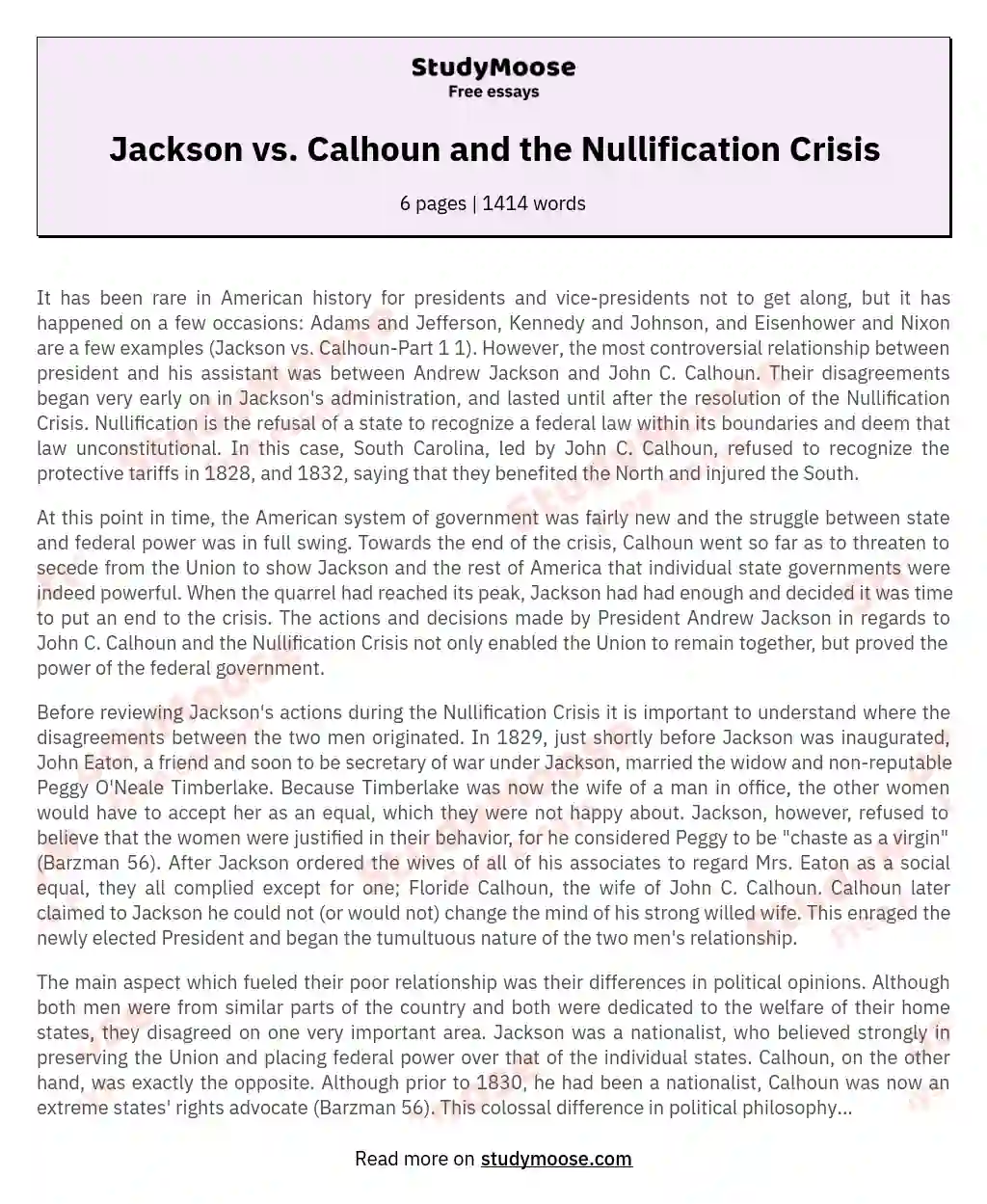 Strained Relations: Jackson vs. Calhoun in the Nullification Crisis essay
