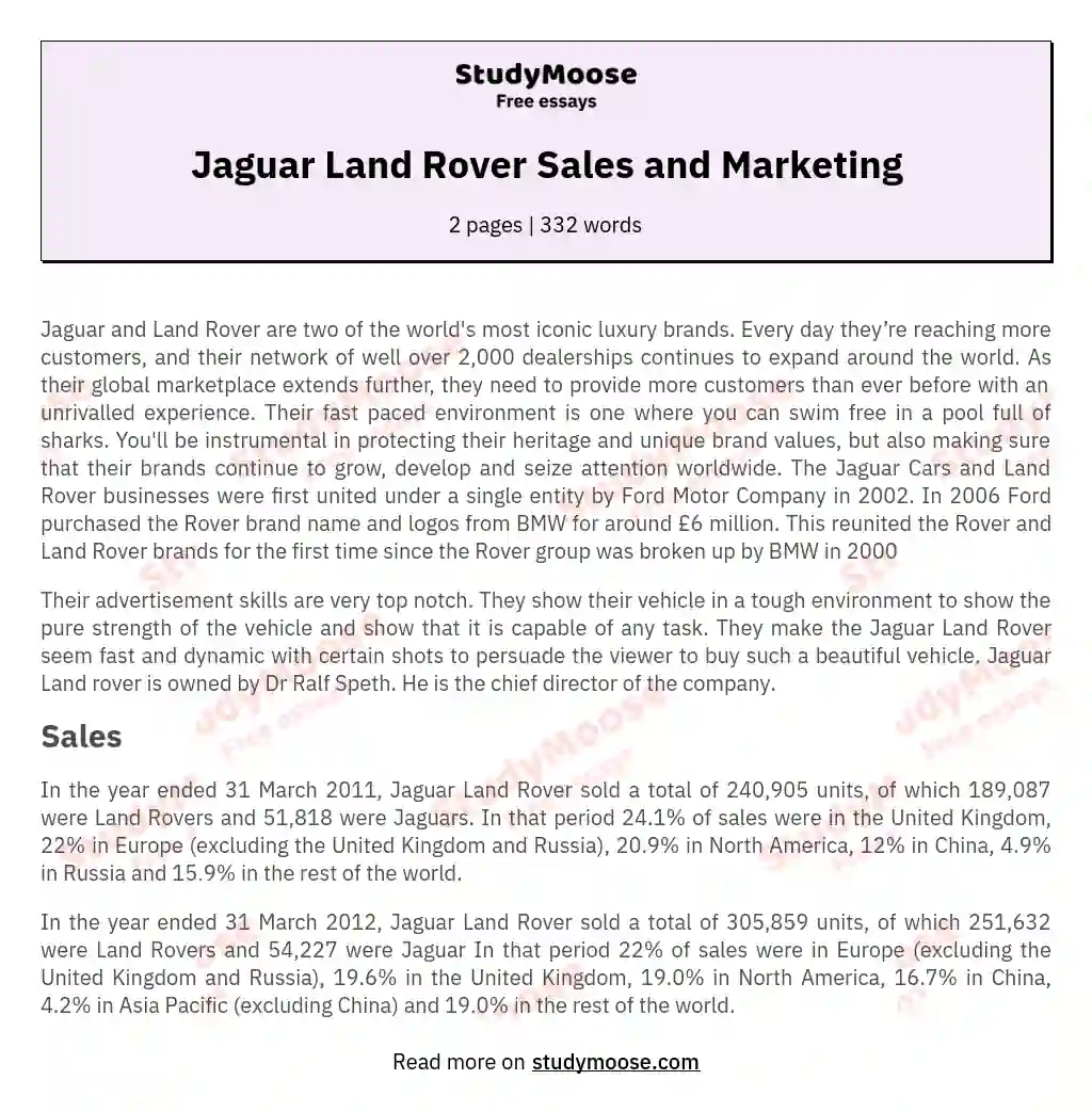 Jaguar Land Rover Sales and Marketing essay