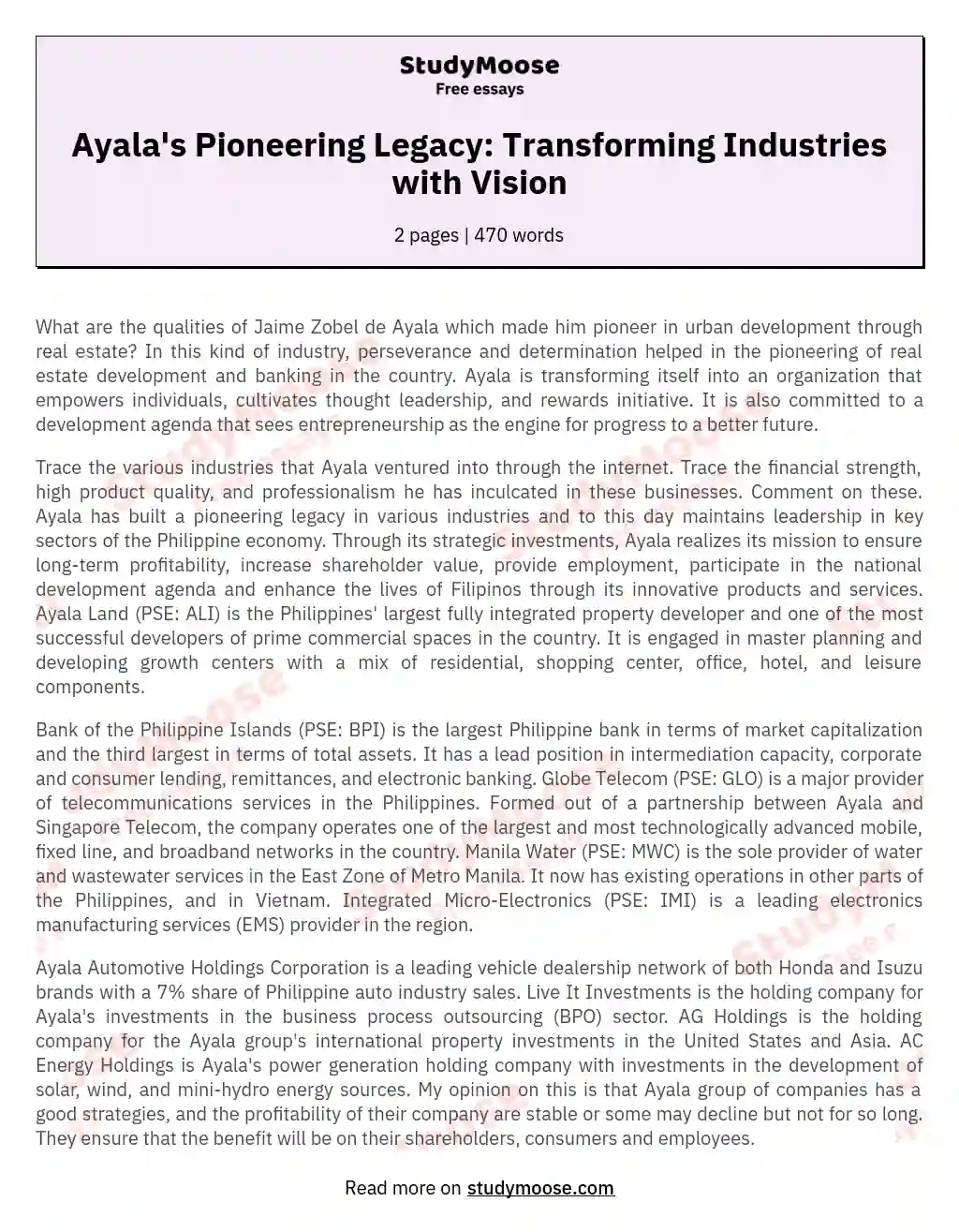 Ayala's Pioneering Legacy: Transforming Industries with Vision essay