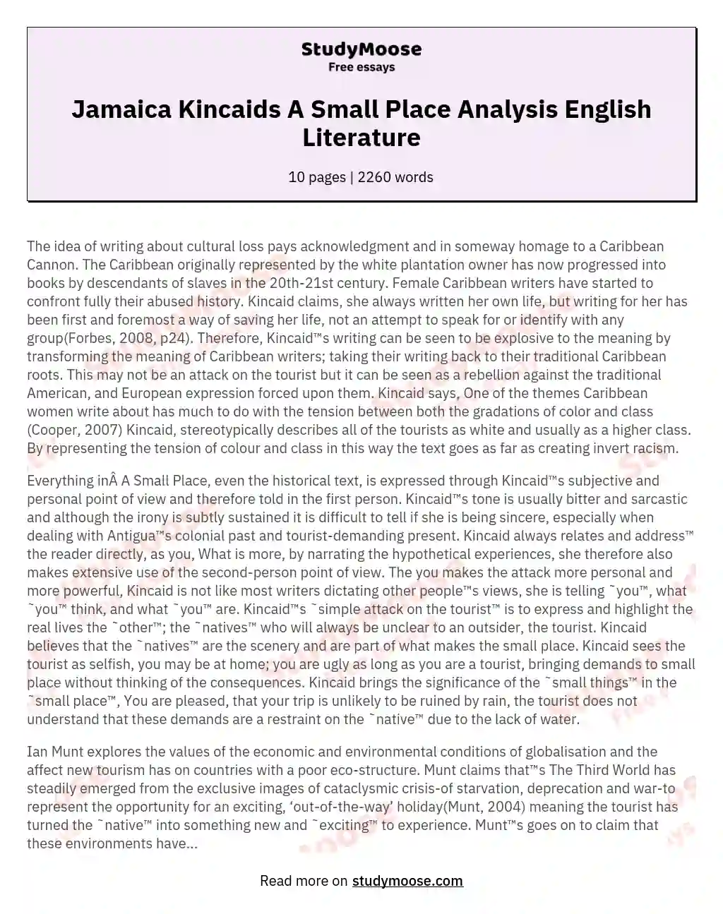 Jamaica Kincaids A Small Place Analysis English Literature essay
