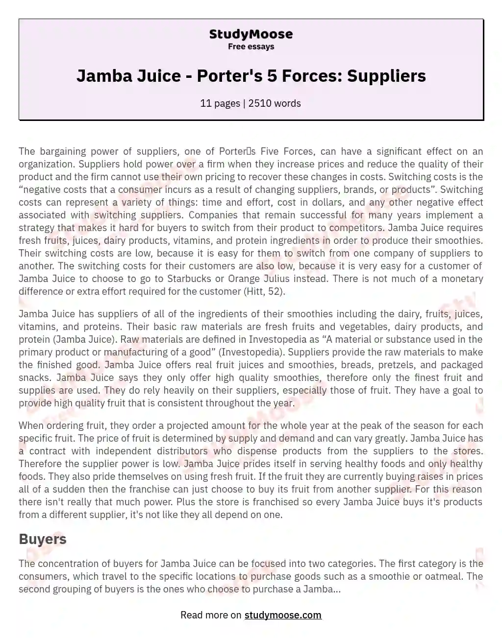 Jamba Juice - Porter's 5 Forces: Suppliers essay