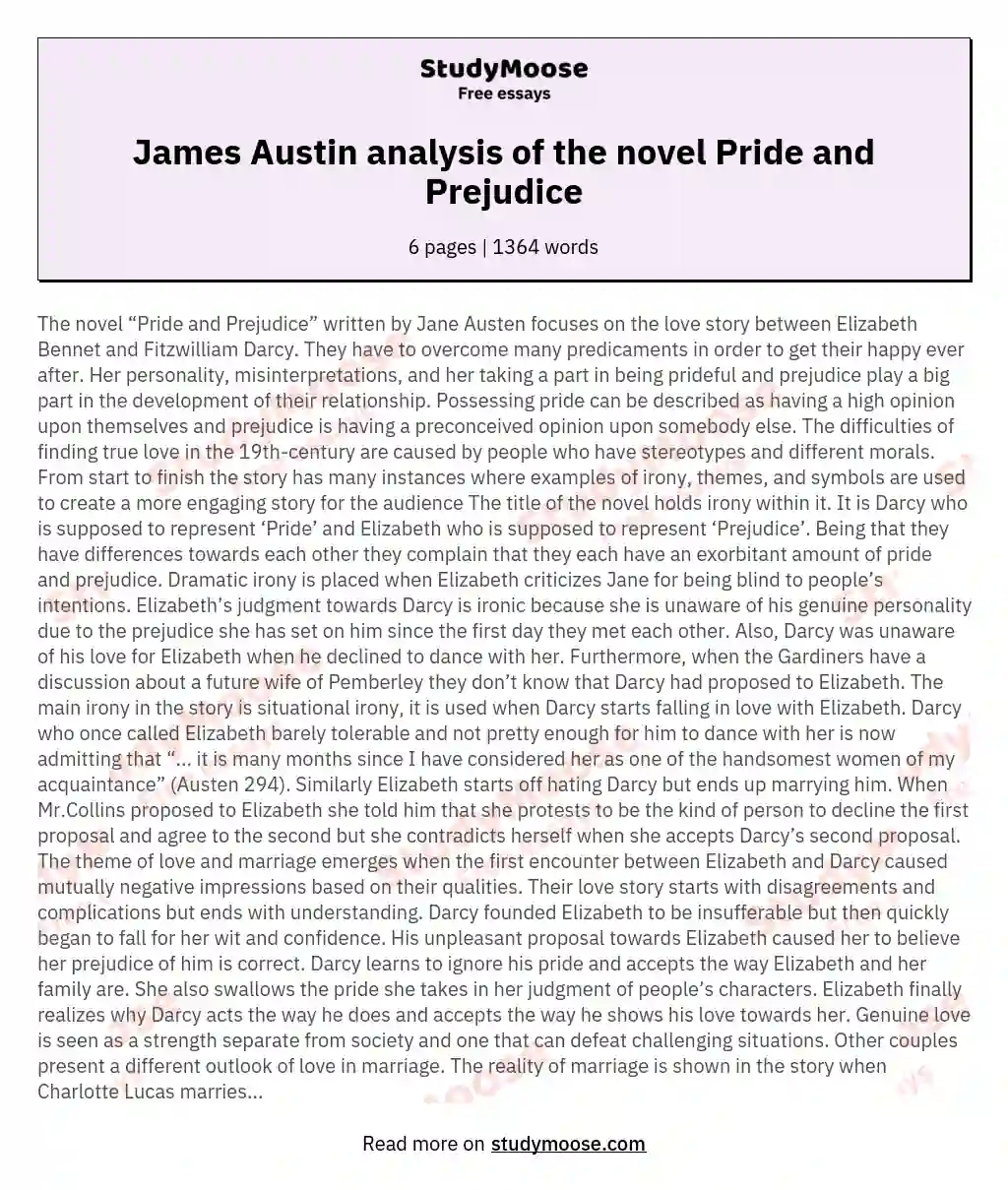 James Austin analysis of the novel Pride and Prejudice essay