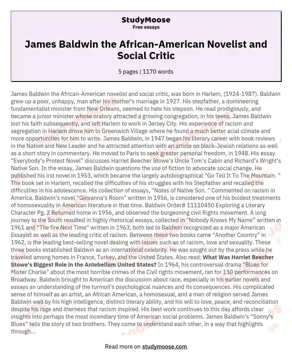 James Baldwin the African-American Novelist and Social Critic essay
