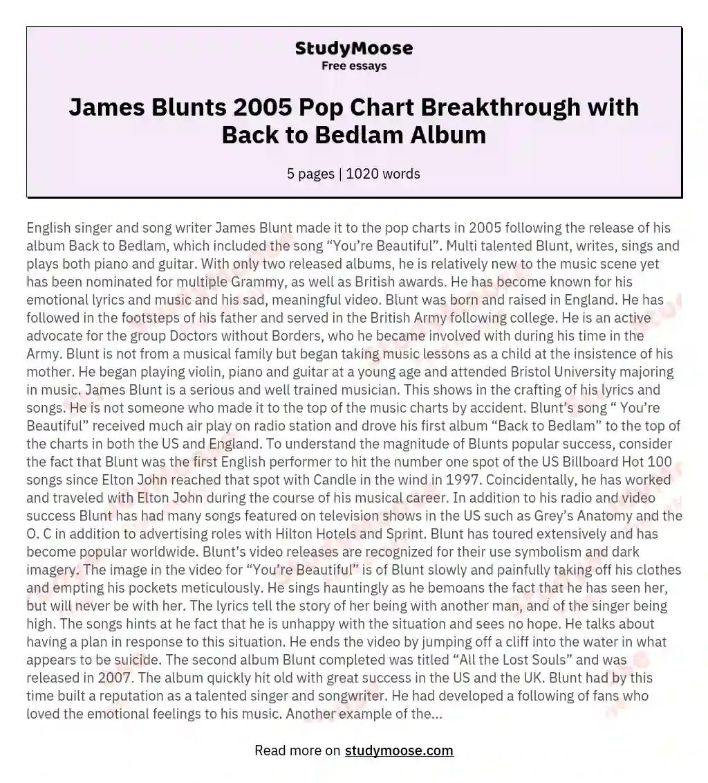 James Blunts 2005 Pop Chart Breakthrough with Back to Bedlam Album essay