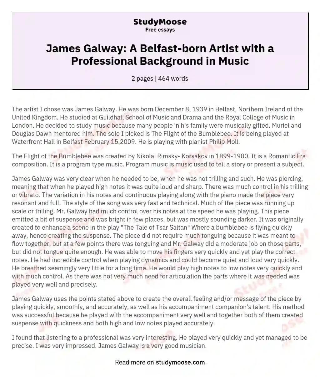James Galway: A Belfast-born Artist with a Professional Background in Music essay
