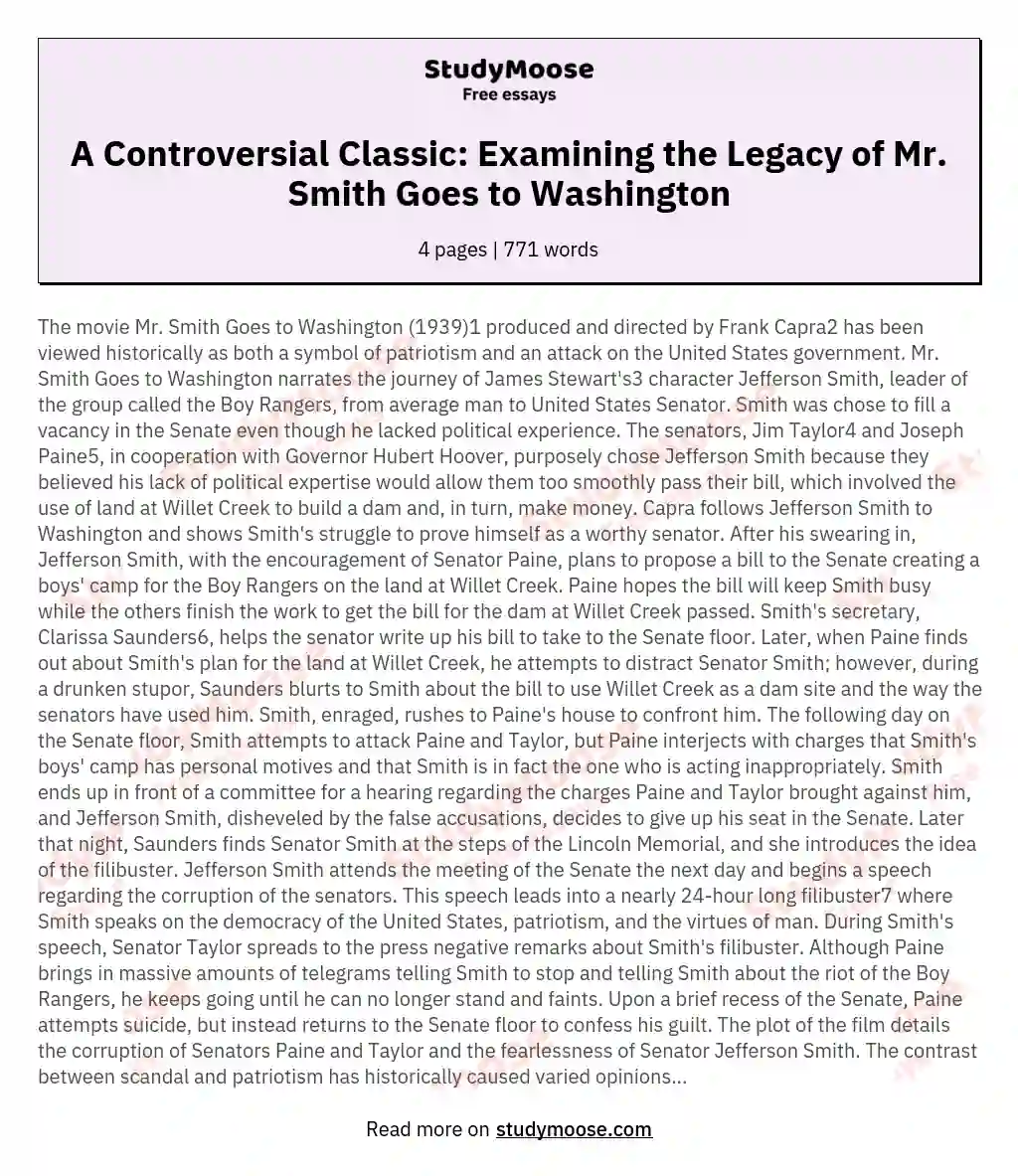 A Controversial Classic: Examining the Legacy of Mr. Smith Goes to Washington essay