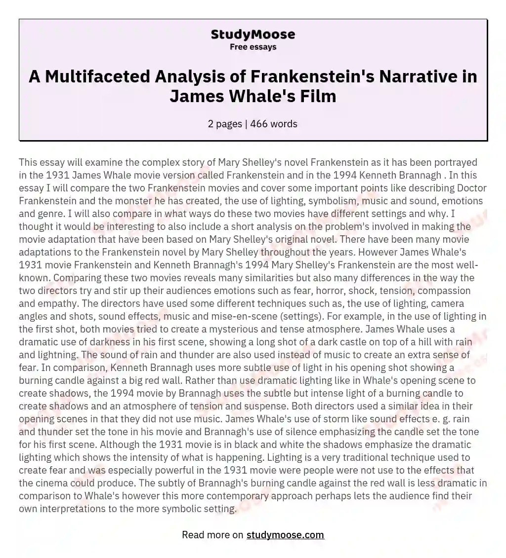 A Multifaceted Analysis of Frankenstein's Narrative in James Whale's Film essay