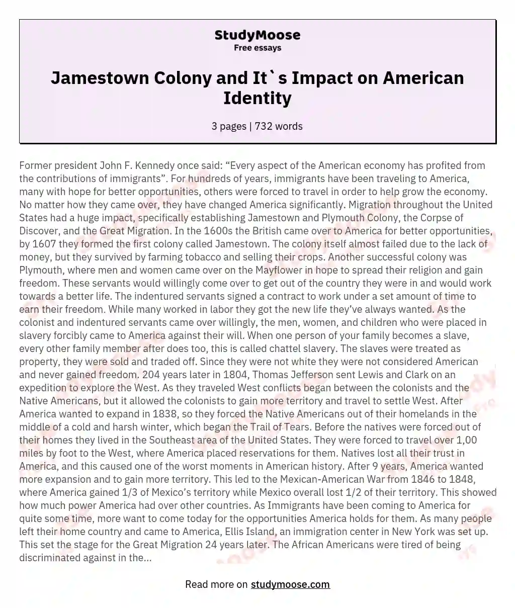 Jamestown Colony and It`s Impact on American Identity