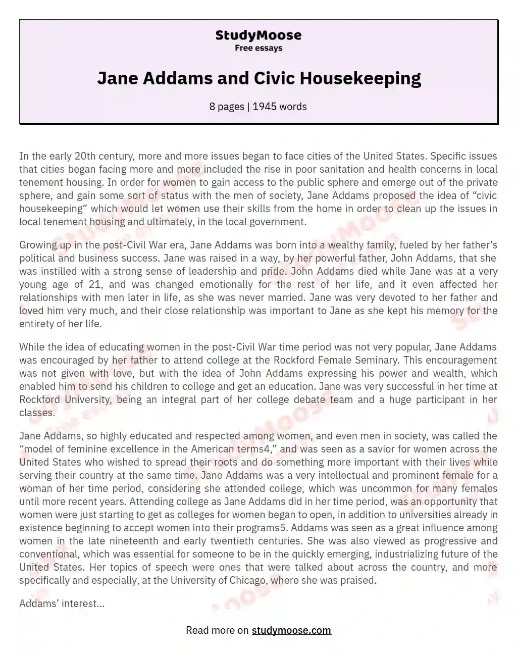 Jane Addams and Civic Housekeeping essay
