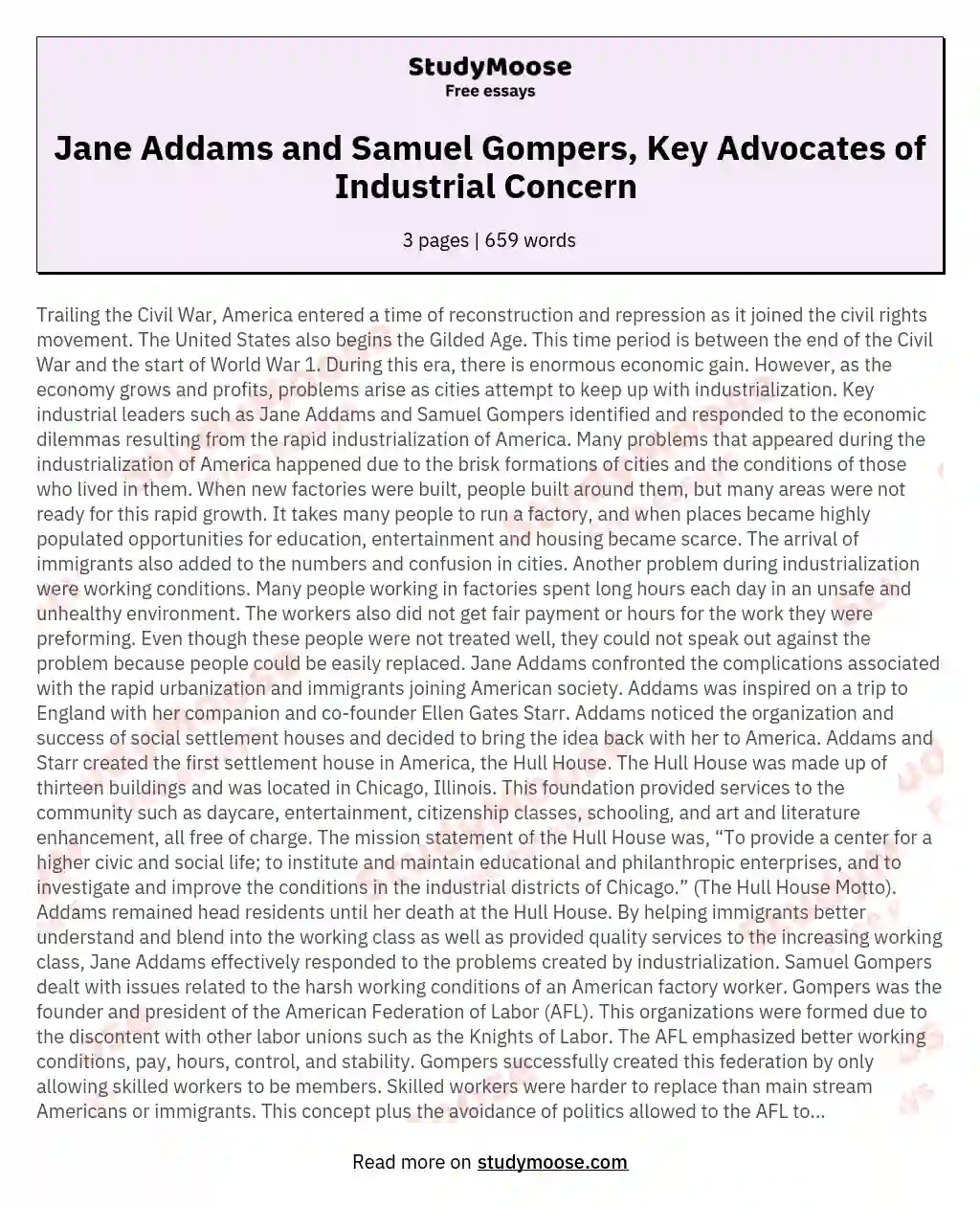 Jane Addams and Samuel Gompers, Key Advocates of Industrial Concern  essay