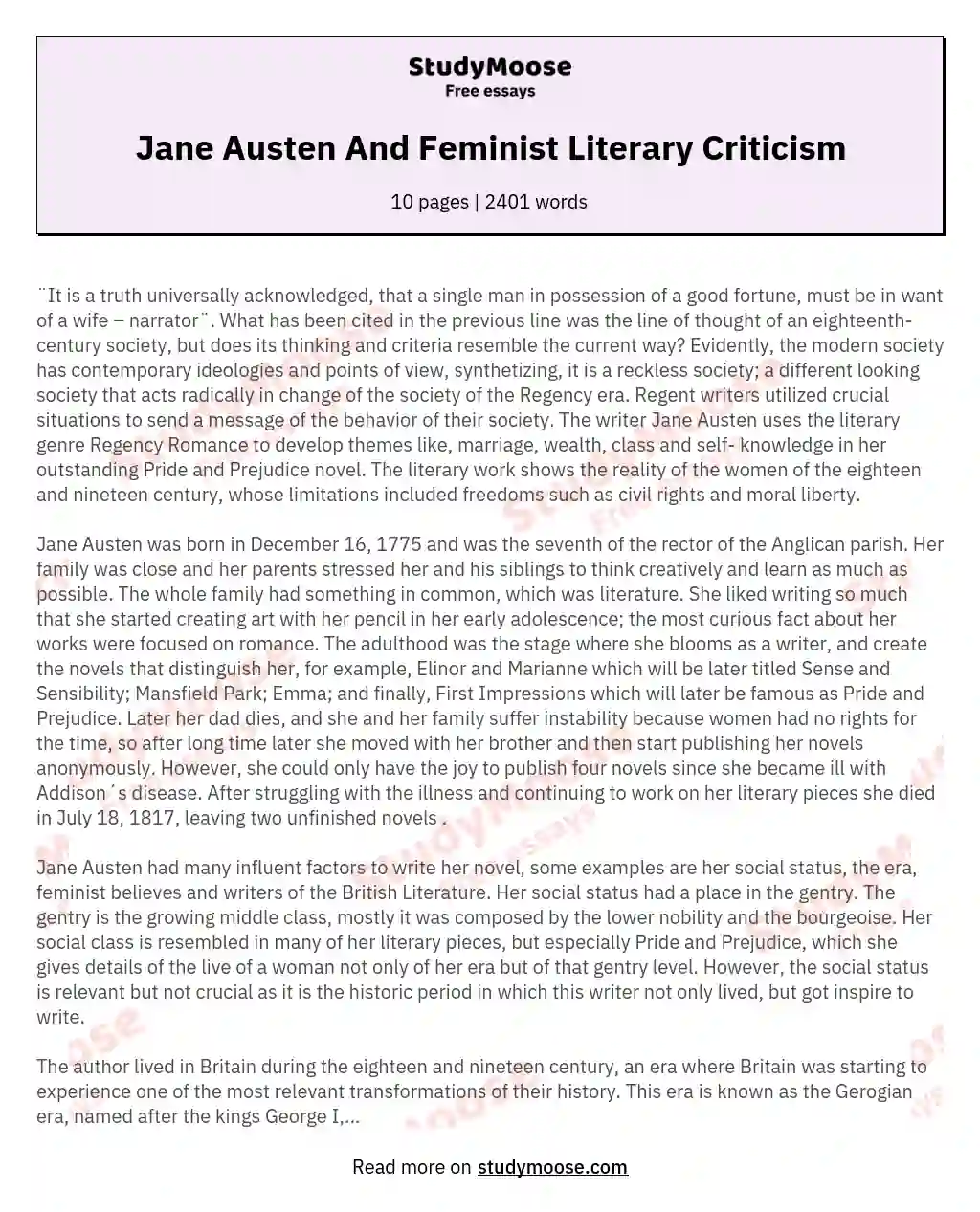 Jane Austen And Feminist Literary Criticism essay