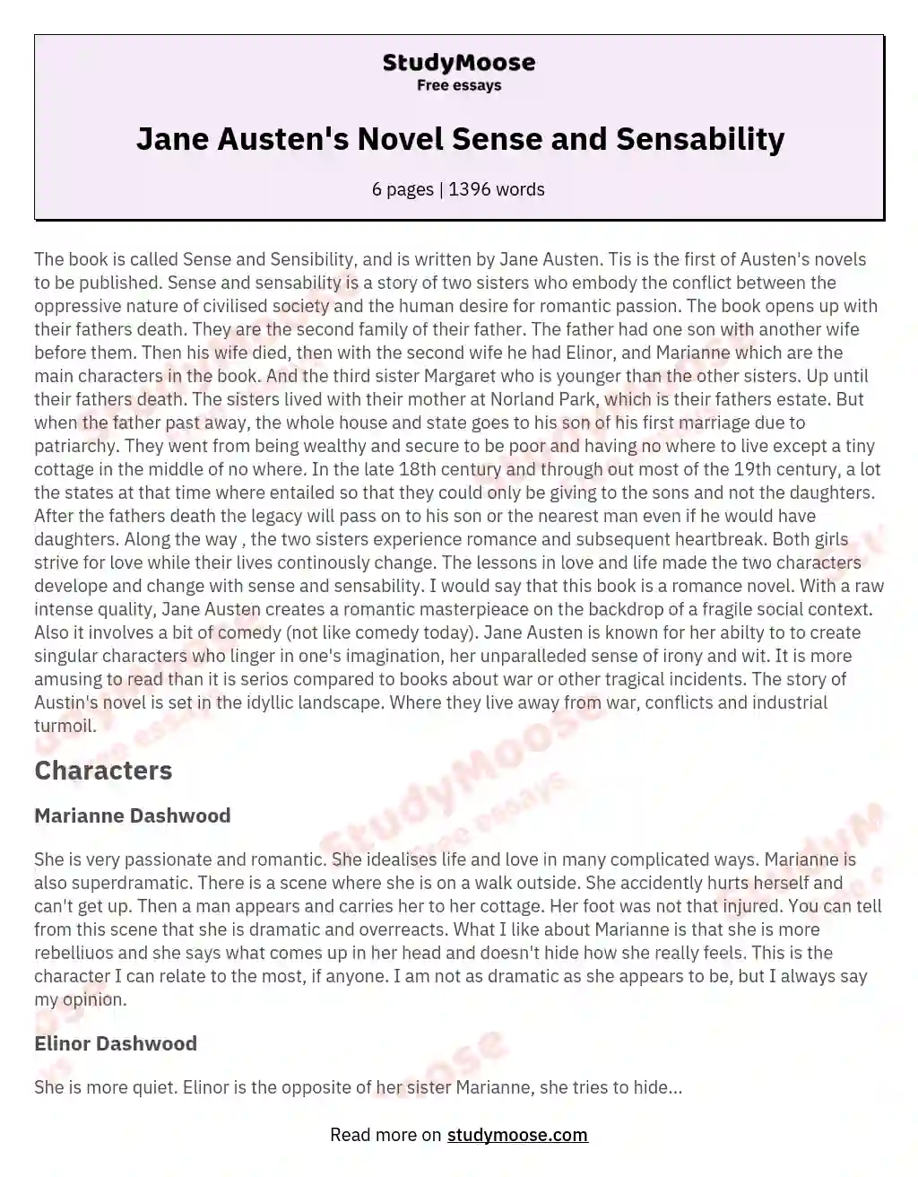 Jane Austen's Novel Sense and Sensability